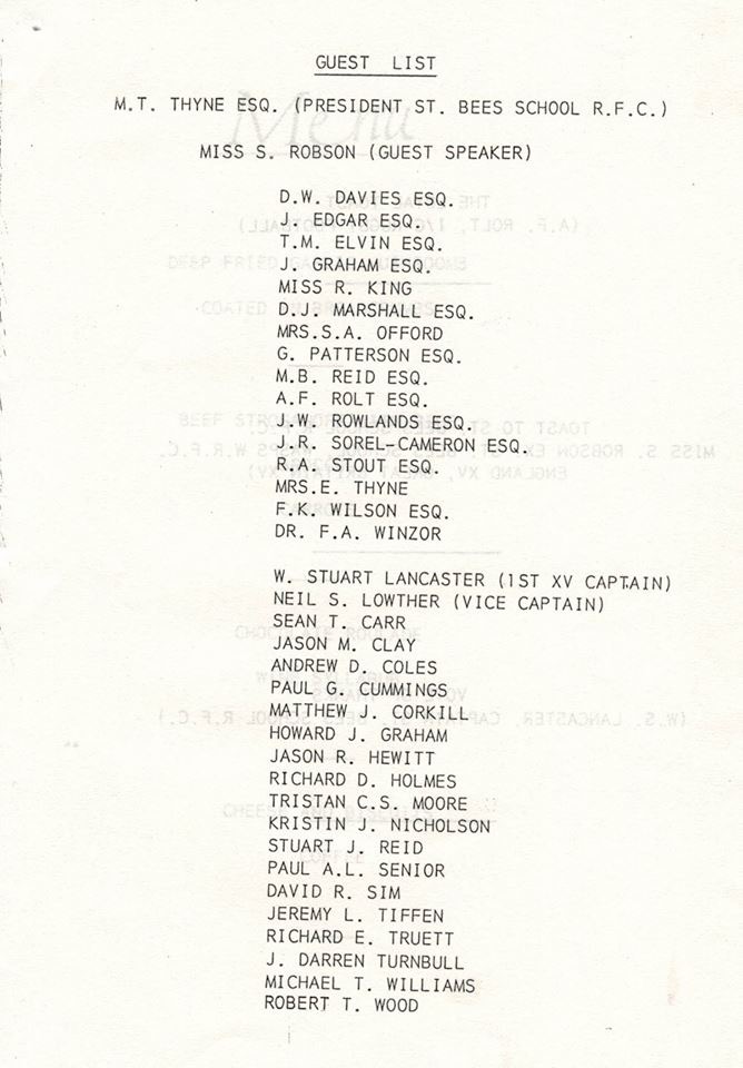 St Bees RFC Dinner 1987-1988 Guest List